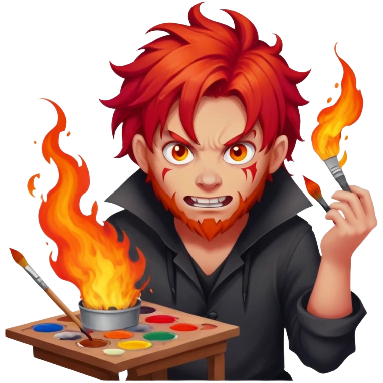 demon artist with wild fiery hair painting chaotic art in hellscape emoji