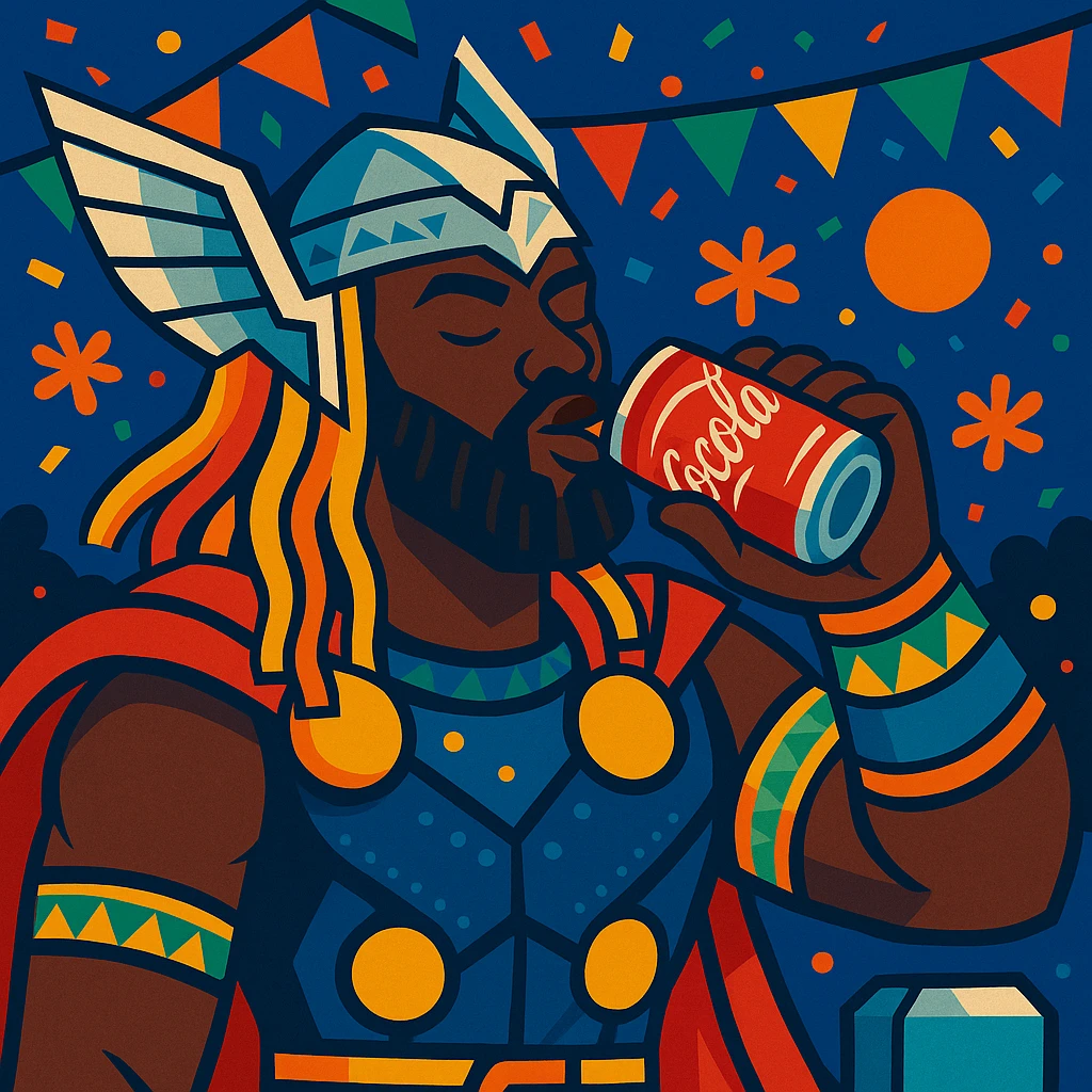 Thor, African-inspired, dark complexion, drinking Coca Cola, festive atmosphere, vibrant, colorful emoji