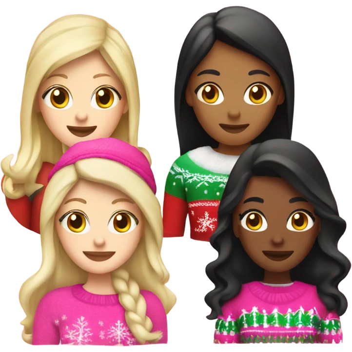a white woman with blonde hair, a black woman with black hair, a white woman with black hair, and a Mexican woman with brown hair wearing pink Christmas sweaters and pink christmas hats emoji