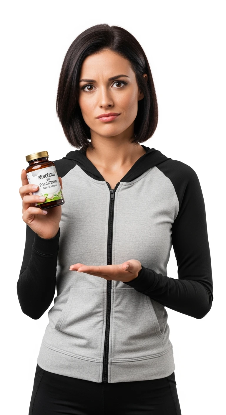 DONNA FITNESS ITALIANA CON BOCCETTA DI INTEGRATORE IN MANO ED ESPRESSIONE DUBBIOSA IN VOLTO, REALISTICA 4K, ISOLATA SU SFONDO BIANCO emoji