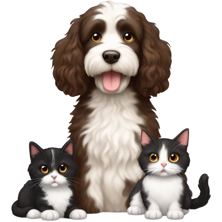 Australian labradoodle dark brown with two tuxedo cats and a calico cat emoji