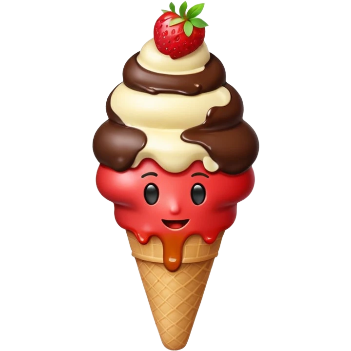 lava ice cream emoji, triple scoop (vanilla, chocolate, strawberry) with molten chocolate lava dripping from the top, apple emoji style emoji