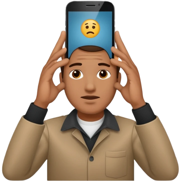 a guy holding 1 smartphone with both hands, smarphone should be horizontal, on top of his forehead emoji