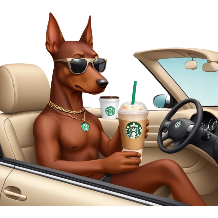 Red Doberman driving and drinking Starbucks  emoji