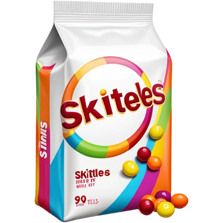 A vintage 90s Skittles package with neon accents, radical 90s American style, old school logo, bright and colorful emoji