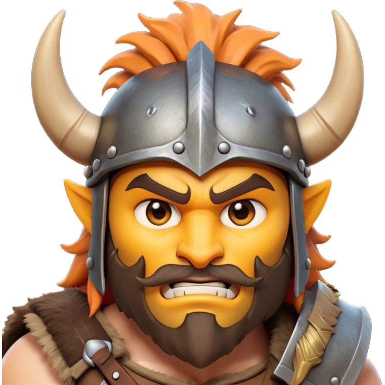 Clash of Clans style: Cinematic Fierce Barbarian Portrait Emoji, Poised and bold with a rugged, cartoonish build in tattered furs and a whimsical horned helmet, bright expressive eyes and a confident smirk, Simplified yet dynamic features, highly detailed, glowing with a vivid, adventurous aura, high shine, heroic and spirited, stylized with an air of medieval warrior charm, focused and energetic, soft glowing outline, capturing the essence of a fearless barbarian adventurer ready to lead his clan with spirited valor! emoji