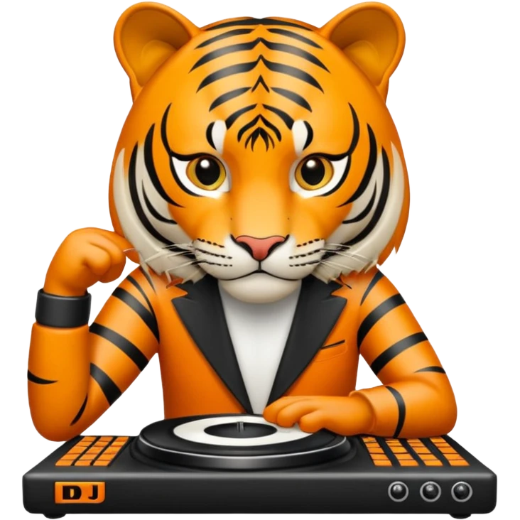 Un tigre enfadado con una mesa de dj . Lo quiero más profesional con unos audífonos y cara de astuto  emoji