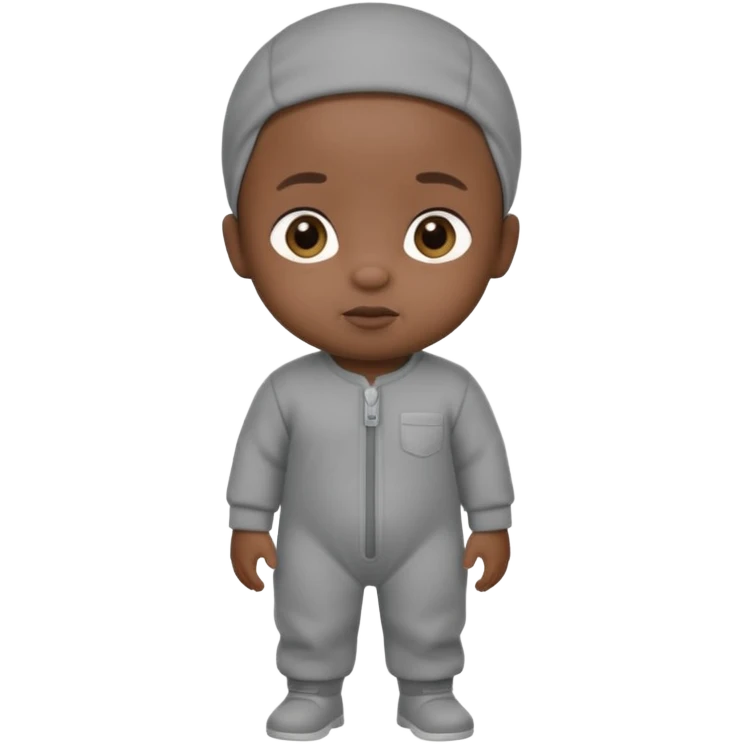 Black baby with straight face in a grey jumpsuit emoji