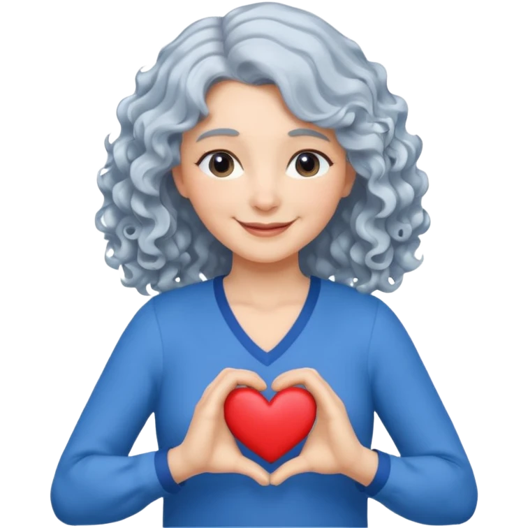 Silverhair, wavy/curly hair chin-length lady giving hug with 2 arms, blue v-neck and smiling, add a heart emoji