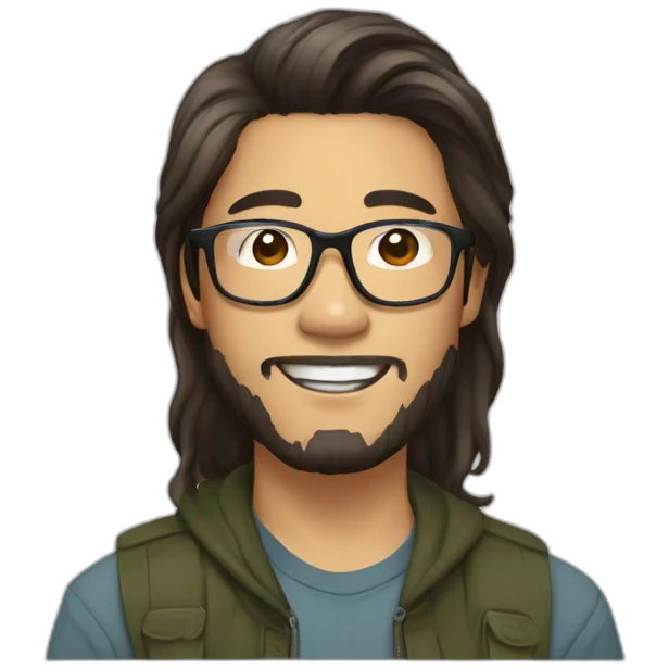 young asian guy brown long hair with parting in the middle turtletoise glasses and a beard emoji