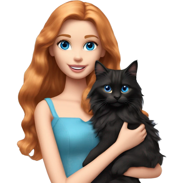 Barbie girl with long ginger hair and blue eyes Holds in her arms Black Maine coon emoji