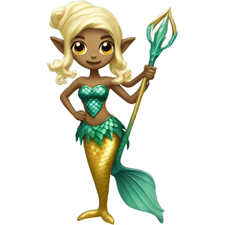 a mermaid elf with trident and golden swirls emoji