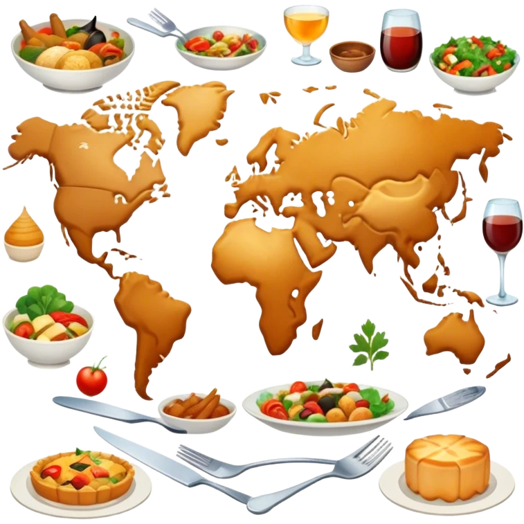 Icon for Culinary Tourism: a world map with food elements like a fork, knife and dish, surrounded by iconic dishes from various countries. The icon should represent the exploration of global cuisines and travel experiences. Transparent background. emoji