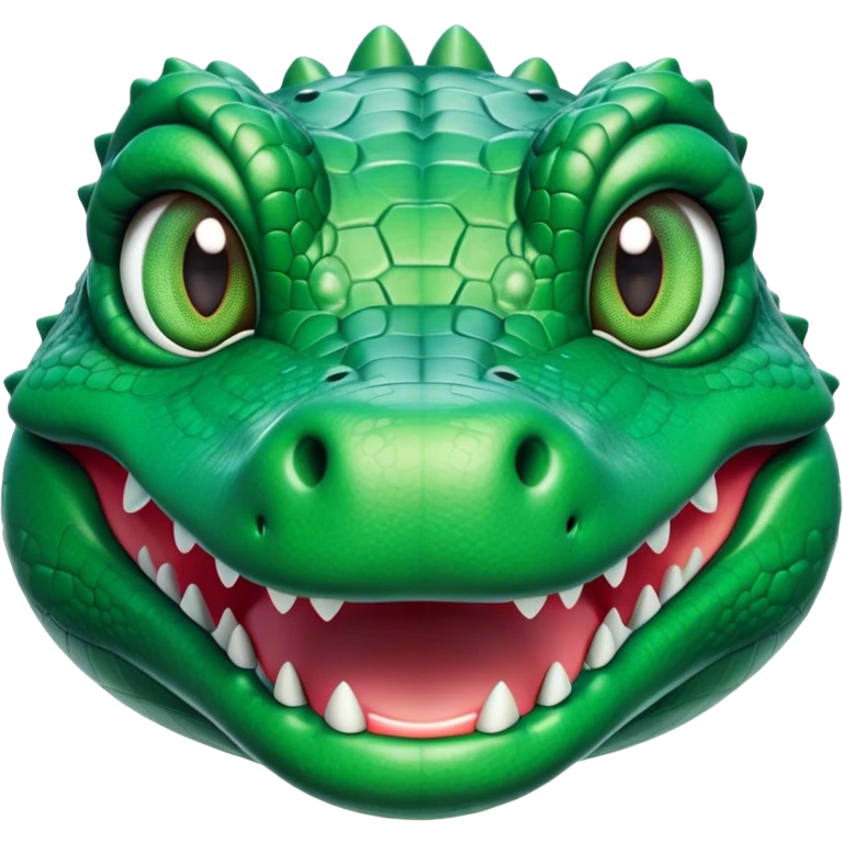 Cinematic Cute Crocodile Portrait Emoji, Head tilted playfully and inquisitively, featuring a smooth, glossy emerald-green hide with subtle textured scales and round, sparkling eyes filled with curious mischief, Simplified yet irresistibly adorable features, highly detailed, glowing with a warm, friendly glow, high shine, affectionate and surprisingly charming, stylized with a touch of wild whimsy, bright and endearing, soft glowing outline, capturing the essence of a mischievous yet lovable crocodile, so playful it feels like it could snap out of the screen into your arms! emoji