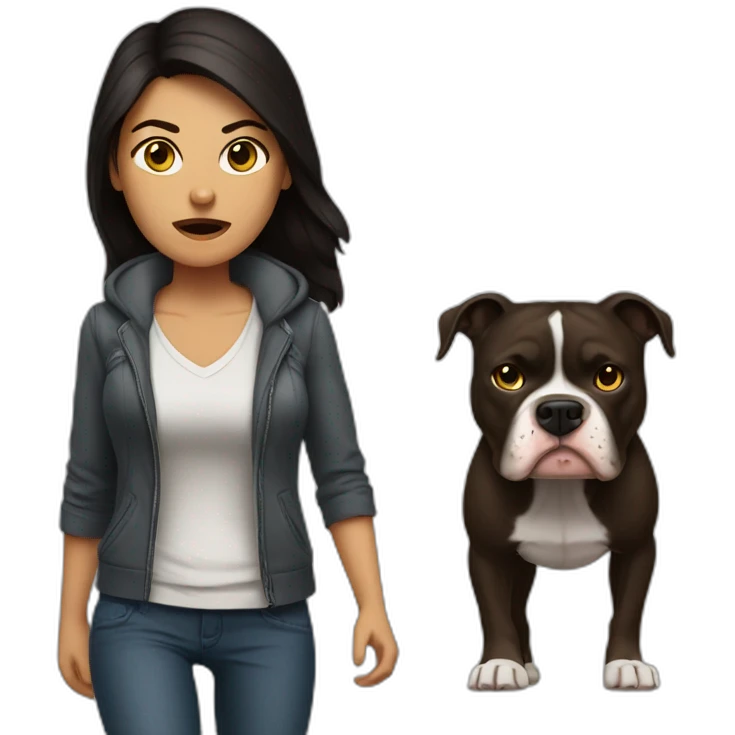 a woman with dark hair is angry and walk with a pitbull emoji