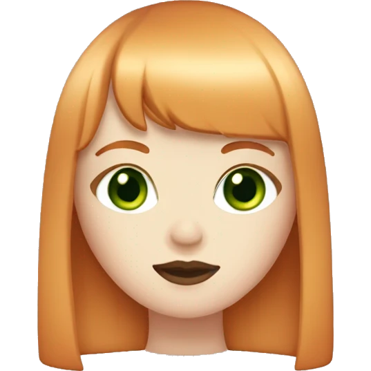 ginger girl, pale face, green eyes, pink lipstick, shoulde lenght straight hair with bangs emoji