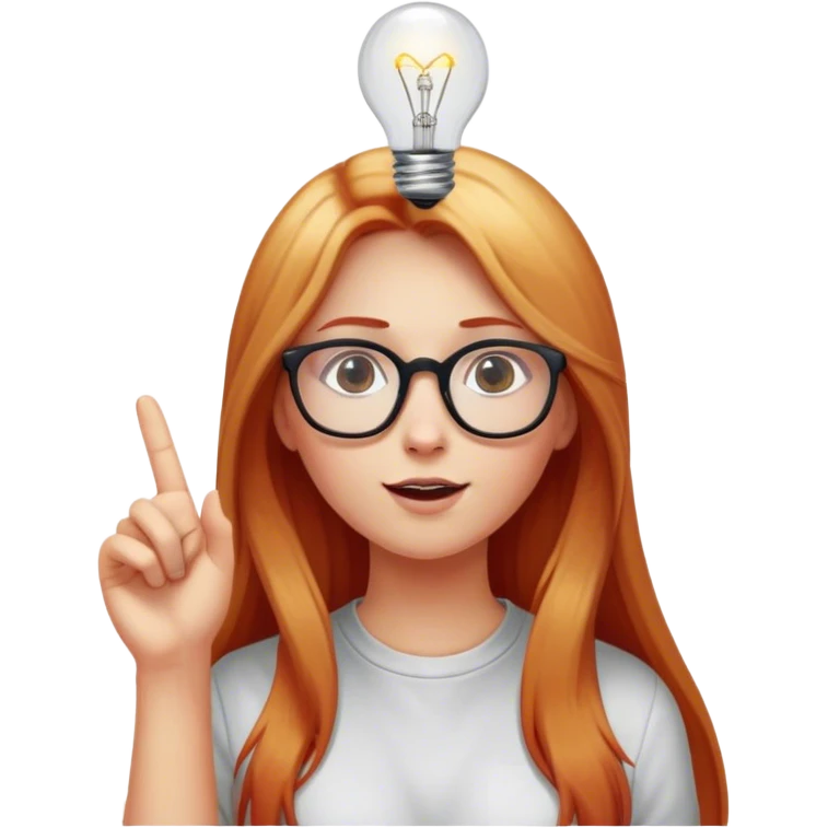 intelligent and clever, 30 year old, girl, long red and almost blond hair, glasses, has an brillant idea, one light bulb next the her head in the air, casual cloth  emoji