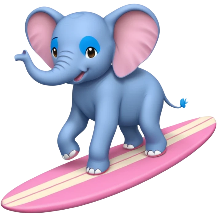 A blue elephant riding a pink surfboard wearing Nike sneakers emoji