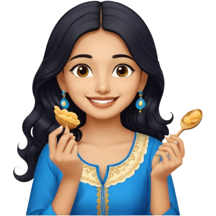 a pretty tan indian bratz girl with wavy long BLACK hair. eyeliner on, wearing a blue kurti, eating golgappa (without spoon) emoji