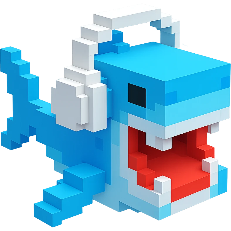 voxel style shark with white headphones, open mouth, blocky, blue and silver, no background emoji