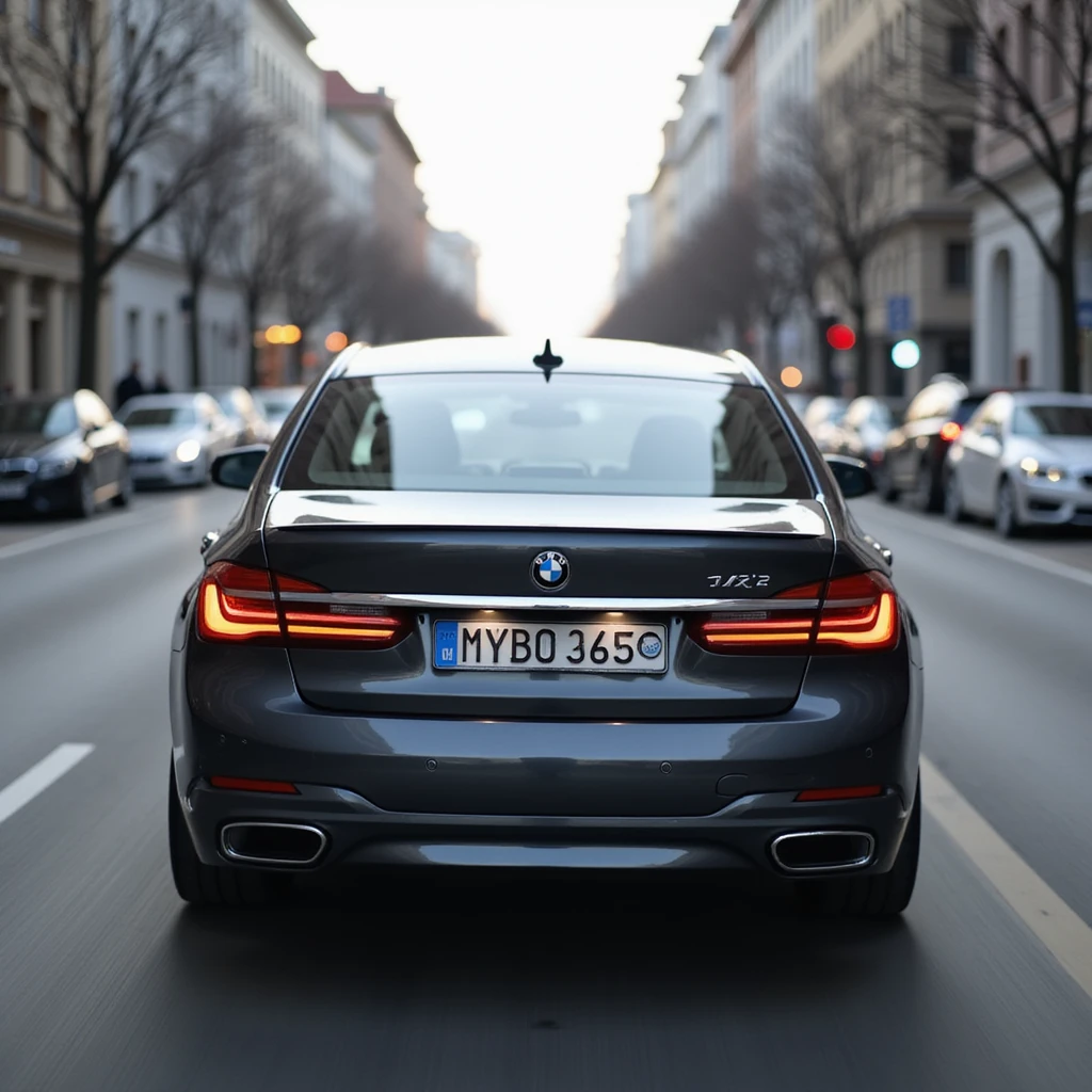 BMW Series 7 2022, rear view, photorealistic, driving in Bucharest, Romania, with a blurry city background and blurred number plates, highly realistic emoji