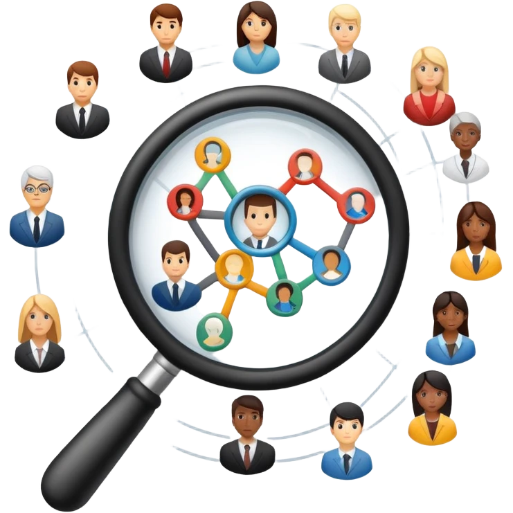 An icon featuring a network of interconnected people, a magnifying glass, and a chart, symbolizing sociology. The design includes diverse figures and social patterns, representing the study of society, behavior, and social structures. Transparent background highlights human interaction emoji