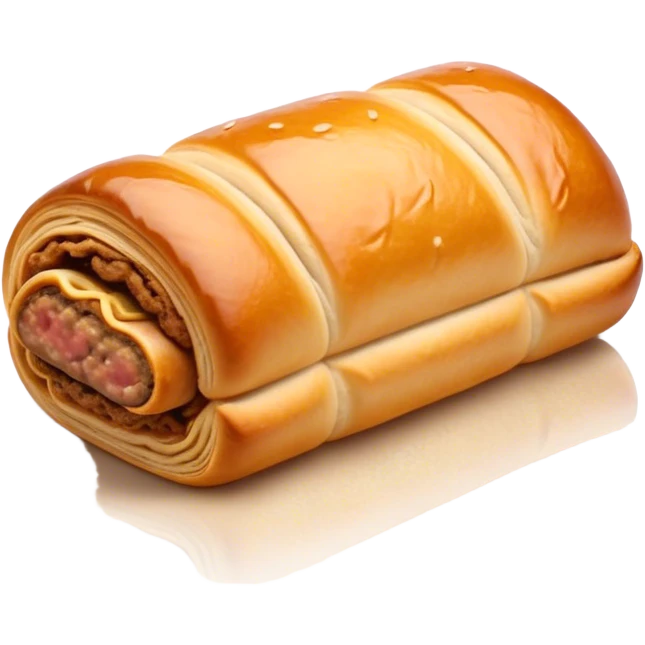 Cinematic Realistic Sausage Roll Dish Emoji, depicted with a crisp, golden pastry wrapped around flavorful sausage, rendered with detailed textures and appetizing lighting. emoji