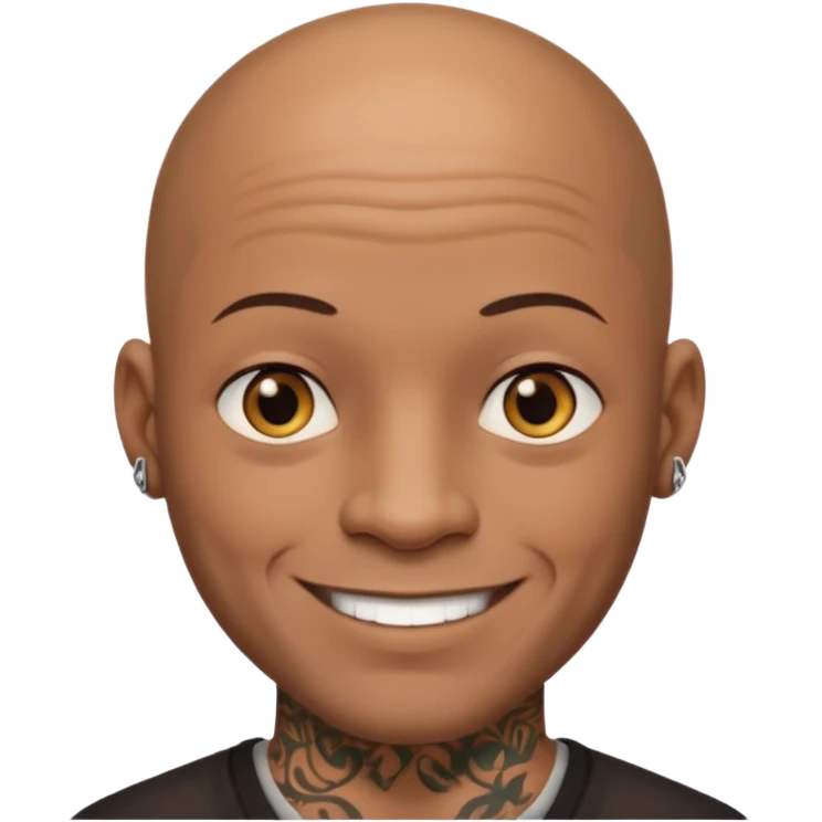 This is a cartoon-style avatar of a bald man with dark skin, golden-brown eyes, and several tattoos on his face, smiling with a lightly smile expression. emoji