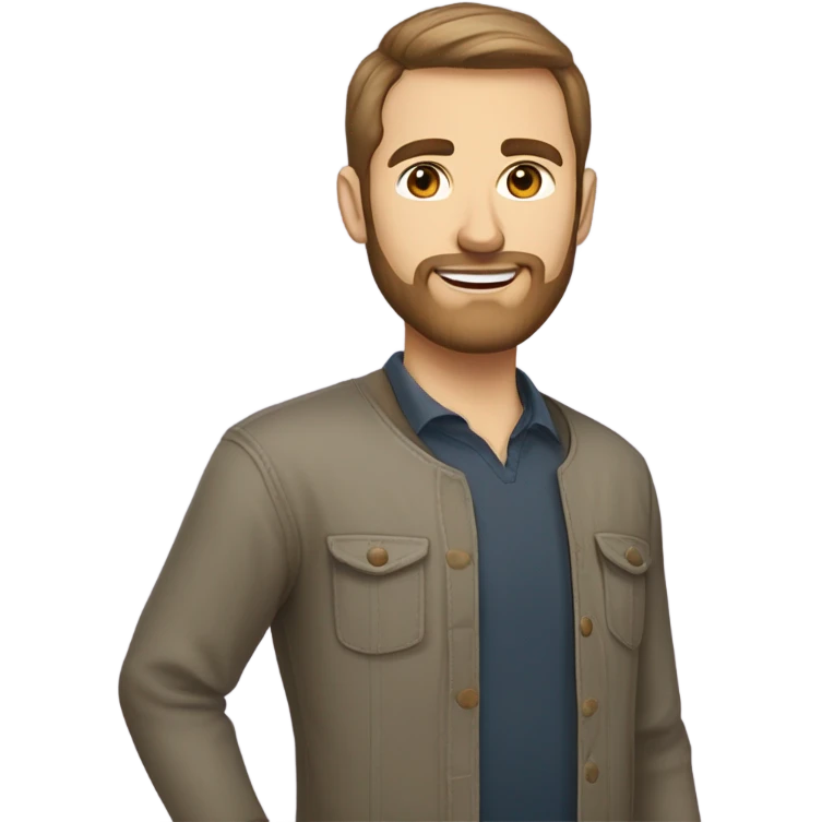Husband and wife. husband has short light brown hair and short light brown full beard with light olive complexion. Wife is shorter and has medium length dark brown hair and pale skin. emoji
