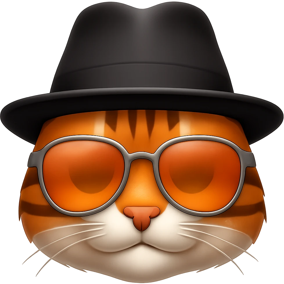Edit the image of a cool cat with sunglasses and a hat in an emoji style. Remove the background and emphasize the coolness with sunglasses and a hat, resembling an emoji look. emoji