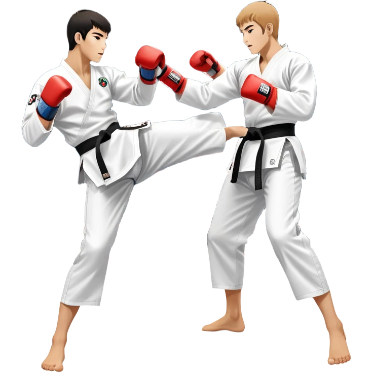Two taekwondo fighters in traditional white doboks with black belts compete in a dynamic match. One executes a high spinning kick, while the other blocks skillfully. The background features a professional arena with bright lights and spectators. Transparent background. emoji