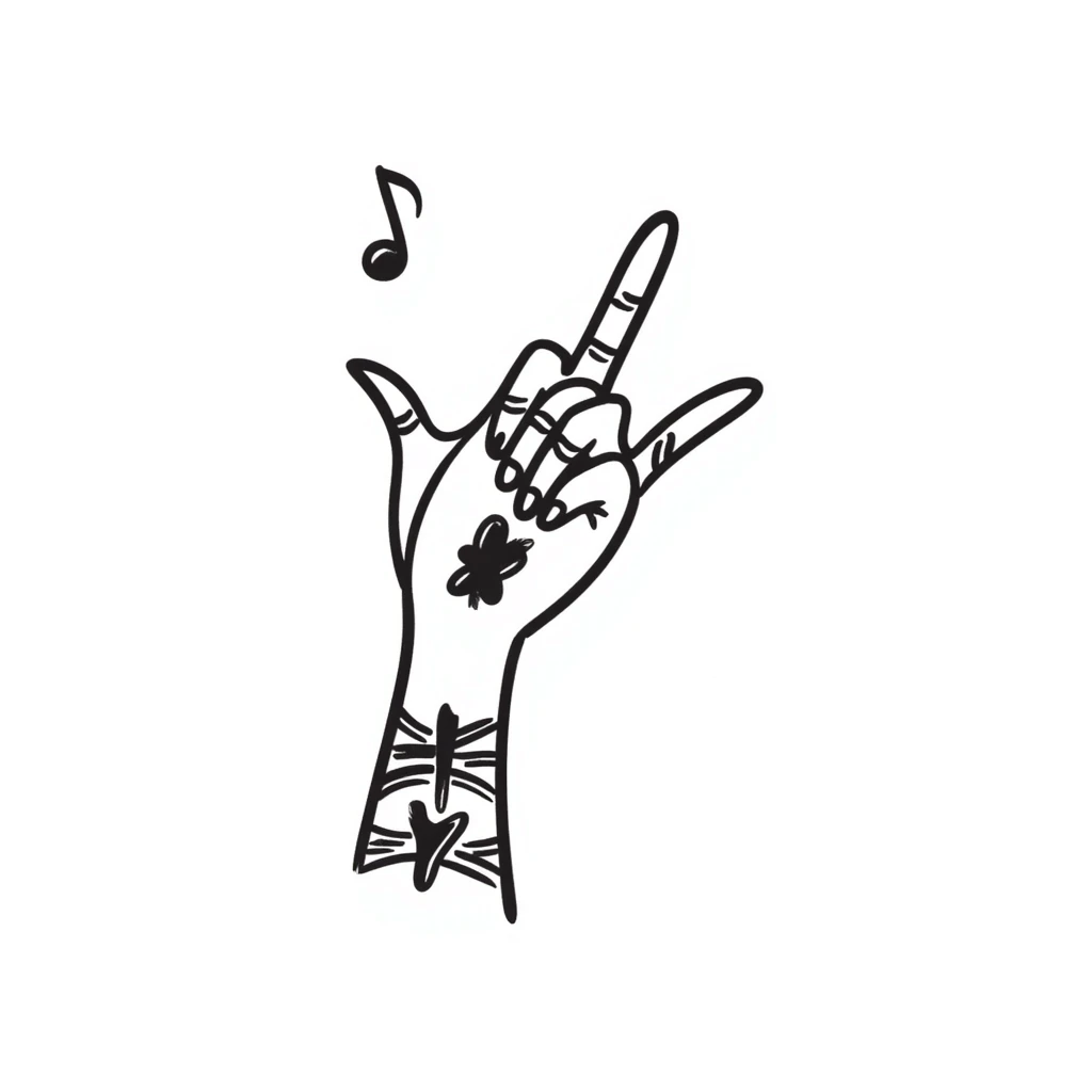 stylized symmetrical hand with tattoos in doodle style, square format, suitable as emoji for music marketing course cover emoji