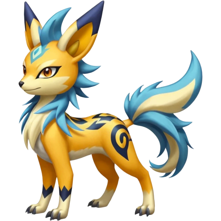 Feral Lightning-patterned Zig-zagged buzzy fuzzy Meloetta-Renamon-Zeraora-Luxray-Cobalion-Suicune-Vernid-fusion-hybrid-creature, full body  emoji