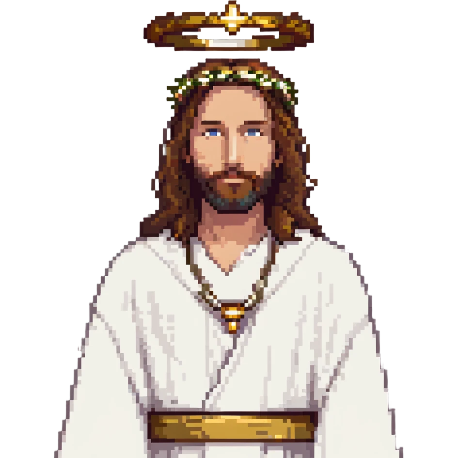 Jesus with brown hair, beard, white robe, gold halo in pixel art style emoji