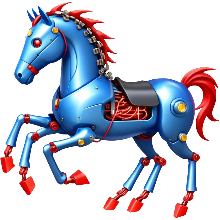 fast electric horse made of electricity, metal plates, bolts, visible blue and red wires, lightning coursing through its body, mechanical hooves emoji
