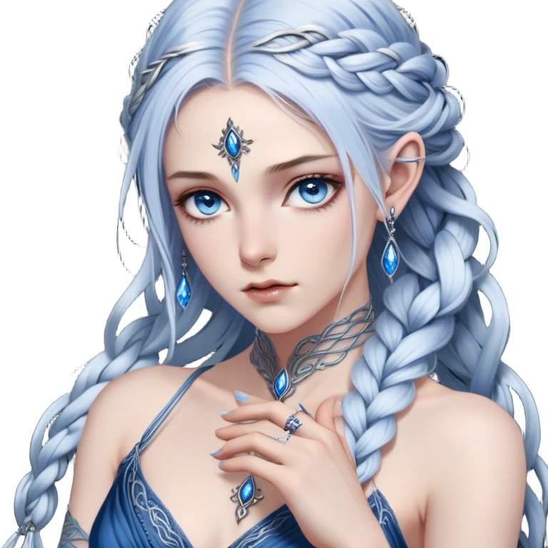 A cold and formidable female Fae with piercing steel-blue eyes, her gaze sharp enough to cut. Her long, silver-streaked hair is swept into a loose yet elegant braid. Dressed in a dark, form-fitting gown with intricate silver embroidery, she exudes an aura of untouchable power. Her fingers rest lightly on the hilt of an obsidian dagger, the only outward sign of the warrior within emoji