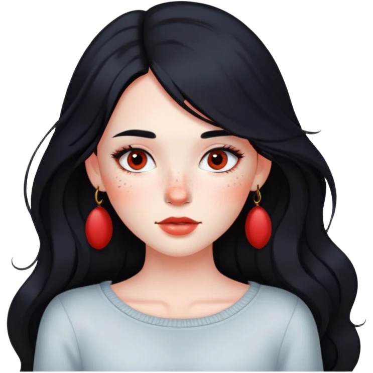 girl with long black hair, soft makeup, and red freckles across her cheeks emoji