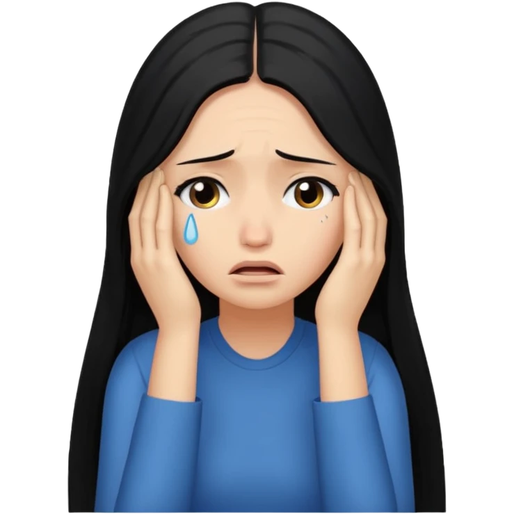 emoji of a woman with long black hair, head in hands, overwhelmed, tears emoji