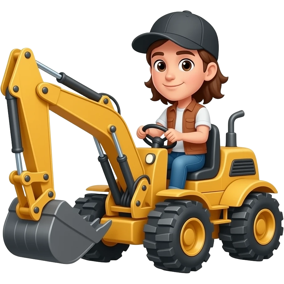 Jeune Homme aux cheveux long brun avec casquette qui conduit une pelleteuse emoji