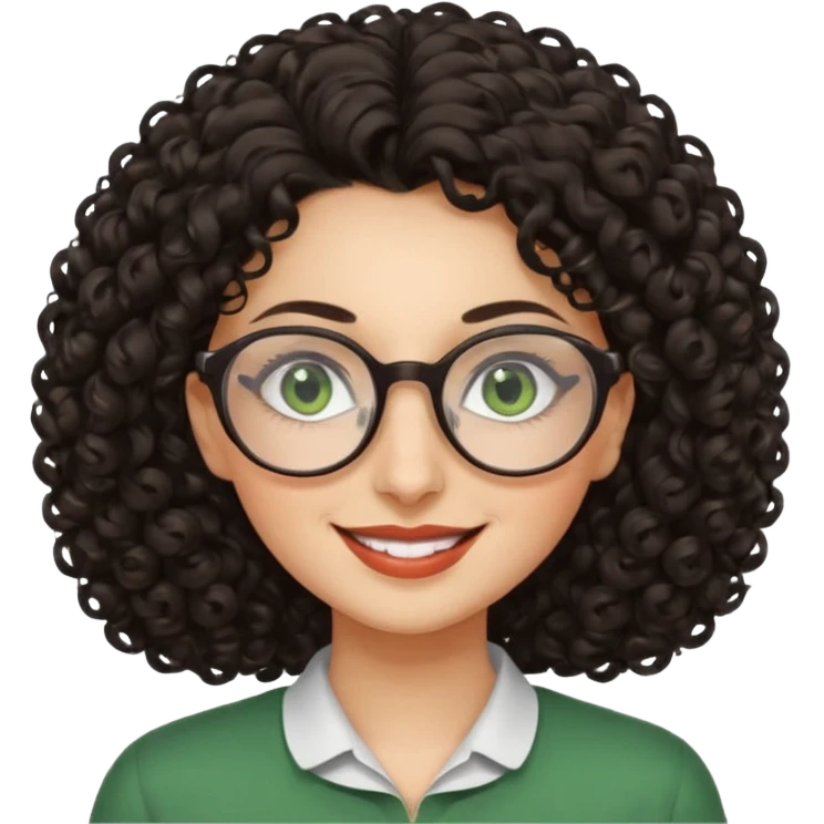 iranian woman, tight curly hair, glasses, green eyes, pretty, oval shape face emoji