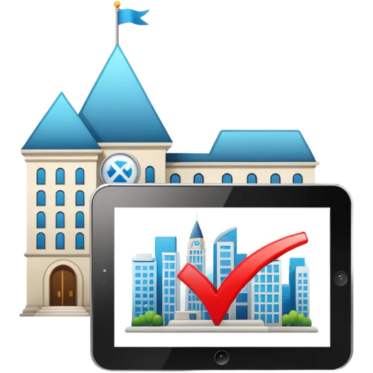 digital tablet, check mark, and city hall icon, glossy and clean emoji