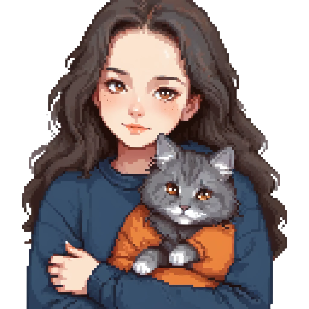 Brunette girl with dark blue sweatshirt snuggling a fluffy grey Siberian cat emoji