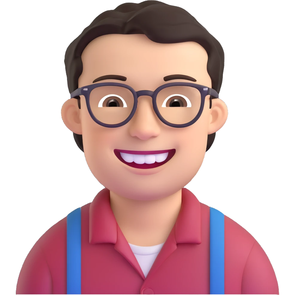 smiling dark-haired man with glasses, big teeth, standard male haircut, rural farmer emoji