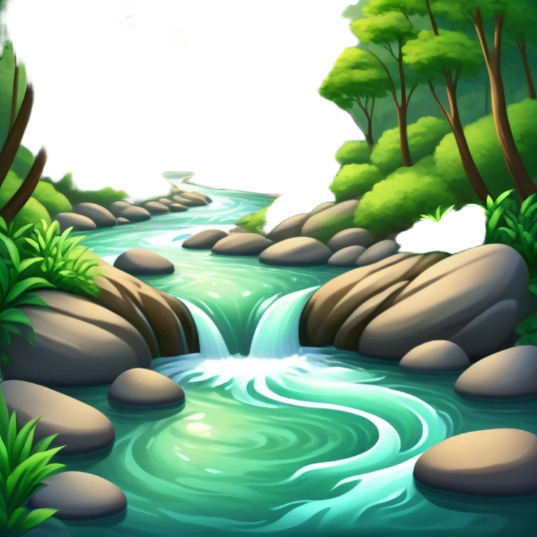 Cinematic Realistic River Emoji, Serene and flowing, with sparkling water meandering through lush greenery, surrounded by trees and rocks. The sun dances across the rippling surface, creating glimmering reflections while birds fly overhead. Soft glowing outline, capturing the essence of peacefulness and tranquility in a meandering river. emoji