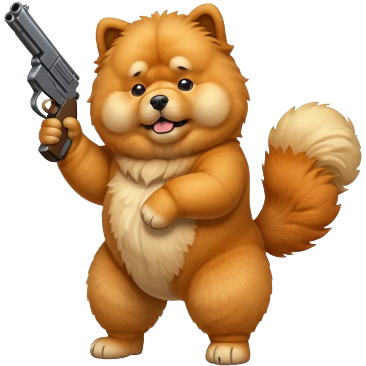 Funny cartoon-style chow chow dog standing on its hind legs and holding a gun menacingly emoji