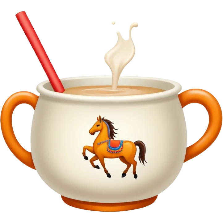 Mongolian milk tea bowl with horse-shaped handle, simplified emoji style with bold outlines and bright colors, cartoon style traditional nomadic drink emoji