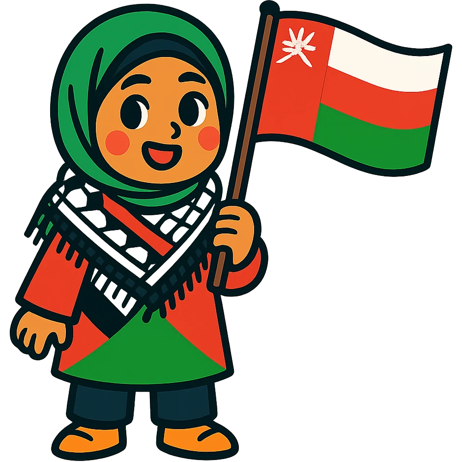 a hijab-wearing girl wearing the Palestinian keffiyeh and holding the Oman flag, vibrant toon style, colorful cartoon emoji
