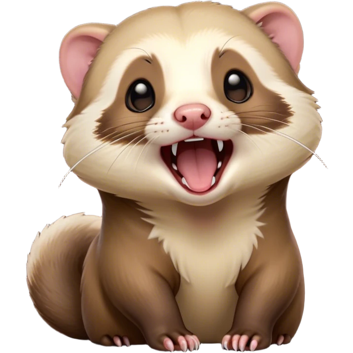 Cinematic Cute Yawning sable ferret Portrait Emoji, Head tilted slightly with an exaggerated, wide-open yawn, showcasing a long, flexible body with a plush fur in soft brown and cream, droopy, drowsy eyes, and a relaxed expression, Simplified yet irresistibly endearing features, highly detailed, glowing with a soft, cozy natural glow, high shine, relaxed yet expressive, stylized with a dash of whimsical charm, soft glowing outline, capturing the essence of a sleepy yet affectionate sable ferret that seems ready to curl up for a nap! emoji