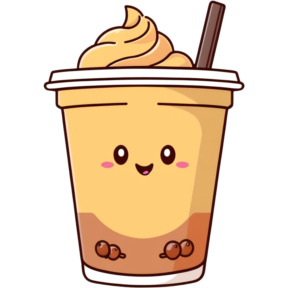 brown milk tea with a happy expression and boba pearls, soft mocha pastel tones, kawaii emoji