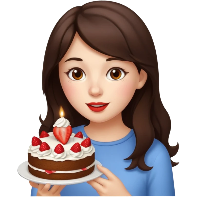 Brunette girl eating cake with strawberry emoji